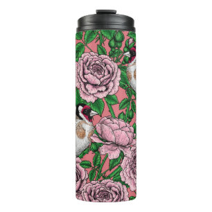 White rose flowers and goldfinch birds thermal tumbler