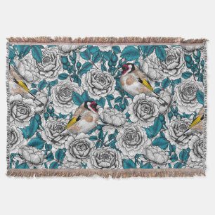 White rose flowers and goldfinch birds throw blanket