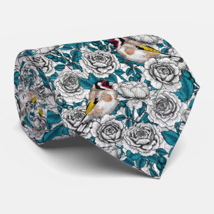 White rose flowers and goldfinch birds tie