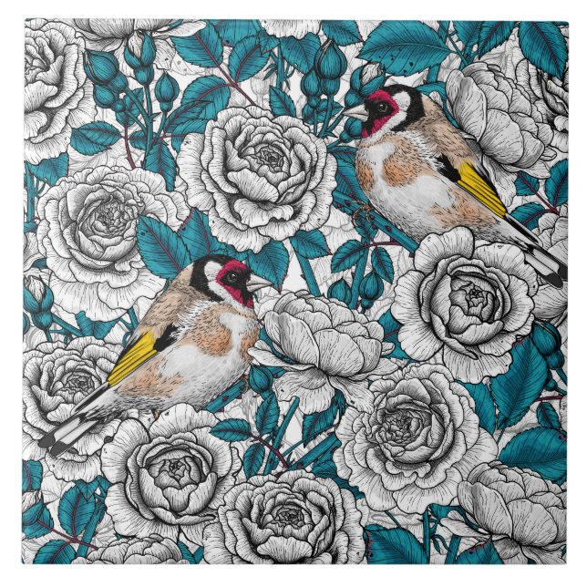 White rose flowers and goldfinch birds tile (Front)