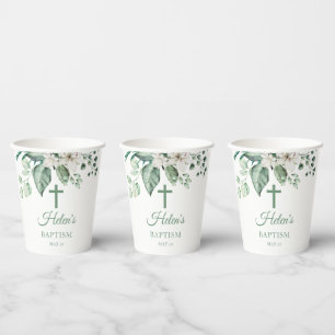White Rose Flowers Eucalyptus Baptism Paper Cups