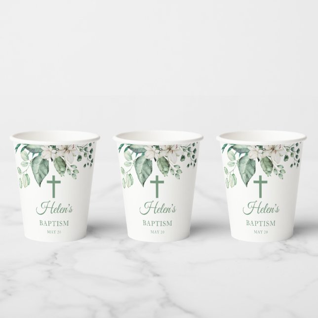 White Rose Flowers Eucalyptus Baptism Paper Cups (Multi)