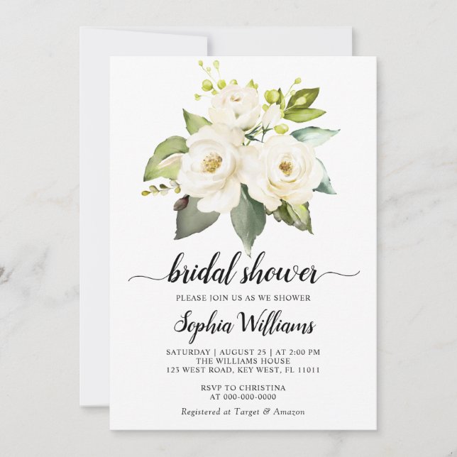 White Rose Flowers Greenery Bridal Shower Invitation (Front)