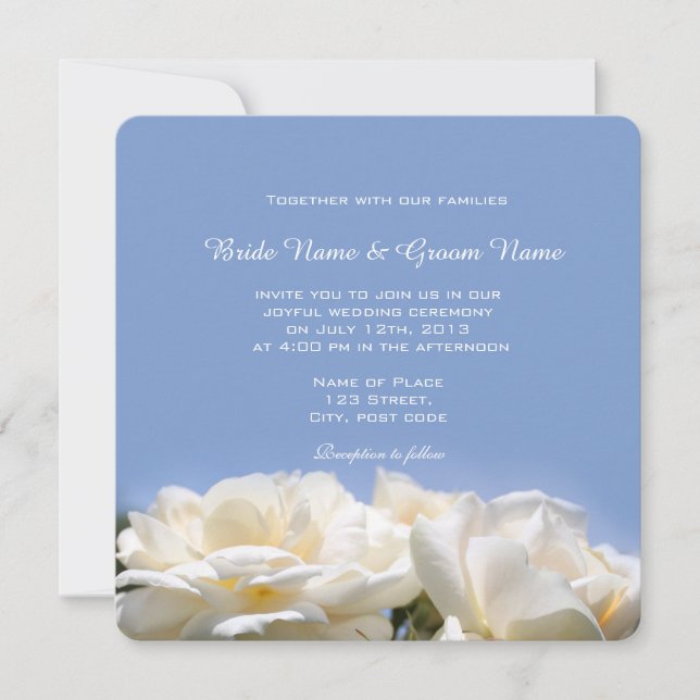 white rose flowers in blue wedding invitation (Front)