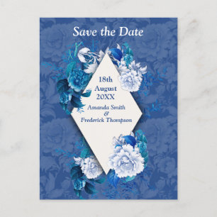 White Rose Flowers on Blue pattern paper  Announcement Postcard
