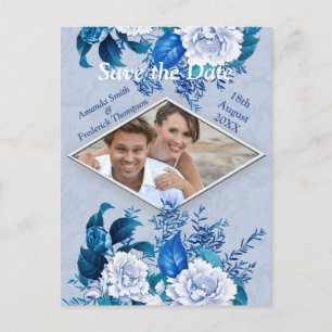 White Rose Flowers on Blue pattern paper  Announcement Postcard