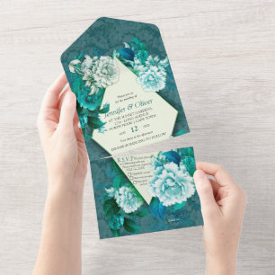 White Rose Flowers on Green pattern paper All In One Invitation