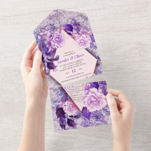 White Rose Flowers on Violet pattern paper All In One Invitation