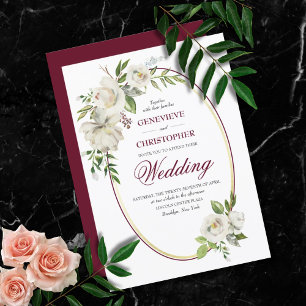 White Rose Formal Burgundy Floral Wedding Invitation