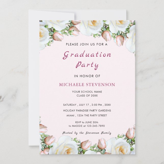 White Rose Frame Graduation Invitation Template (Front)