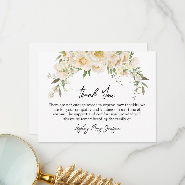 White Rose Funeral Thank You Note Card Bereavement (Front/Back In Situ)
