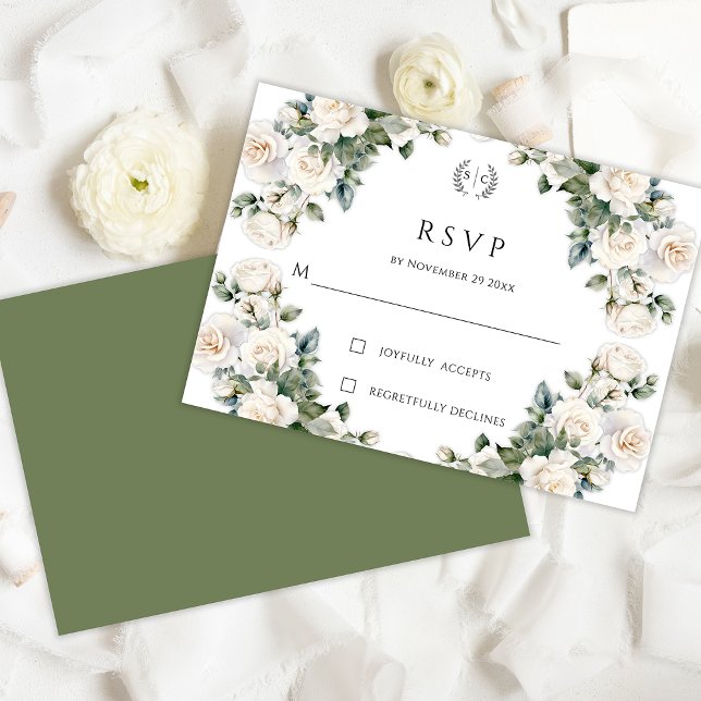 White Rose Garland Monogram Wedding RSVP Card (Creator Uploaded)