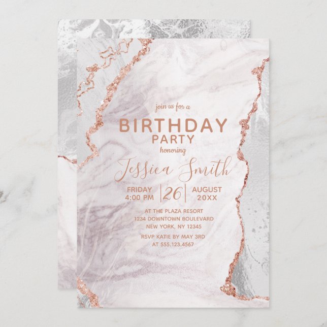 White & Rose Gold Agate Marble Foil Birthday Party Invitation (Front/Back)