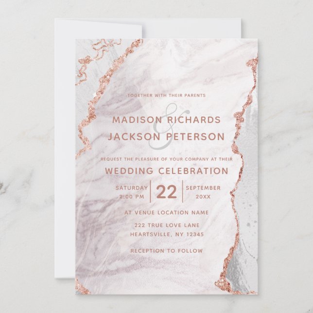 White & Rose Gold Agate Marble Foil Gilded Wedding Invitation (Front)
