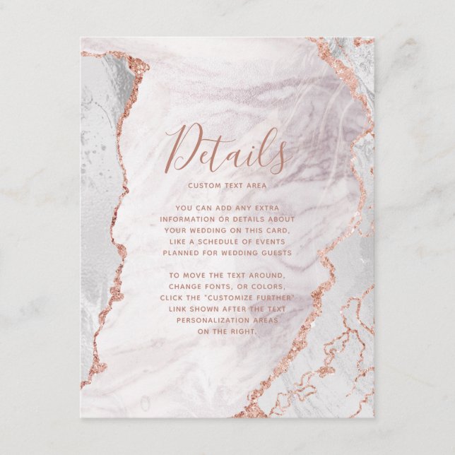 White & Rose Gold Agate Marble Wedding Details Enclosure Card (Front)