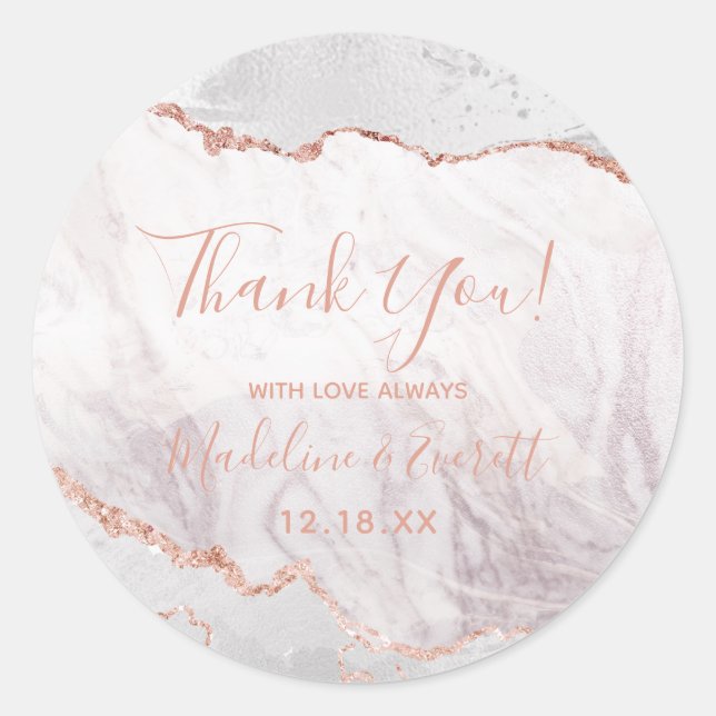 White & Rose Gold Agate Marble Wedding Thank You Classic Round Sticker (Front)