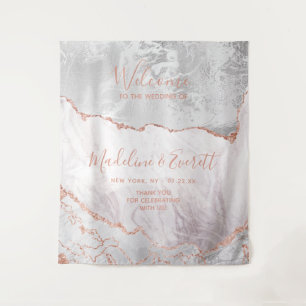 White & Rose Gold Agate Marble Wedding Welcome Tapestry
