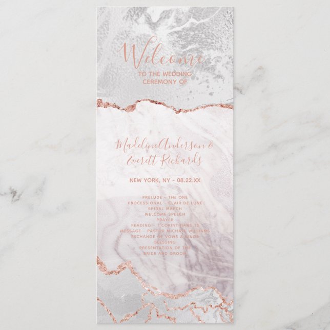 White & Rose Gold Agate Wedding Ceremony Program Programme (Front)
