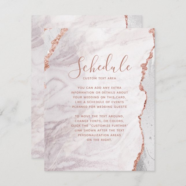 White & Rose Gold Agate Wedding Schedule Card (Front/Back)