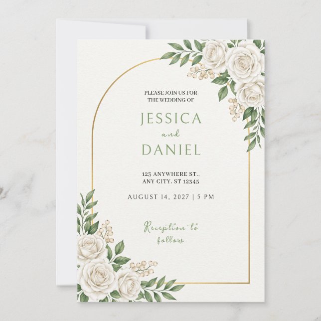 White Rose Gold Arch Border Wedding Invitation (Front)