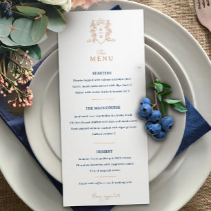 White rose gold blue crown crest monogram wedding menu