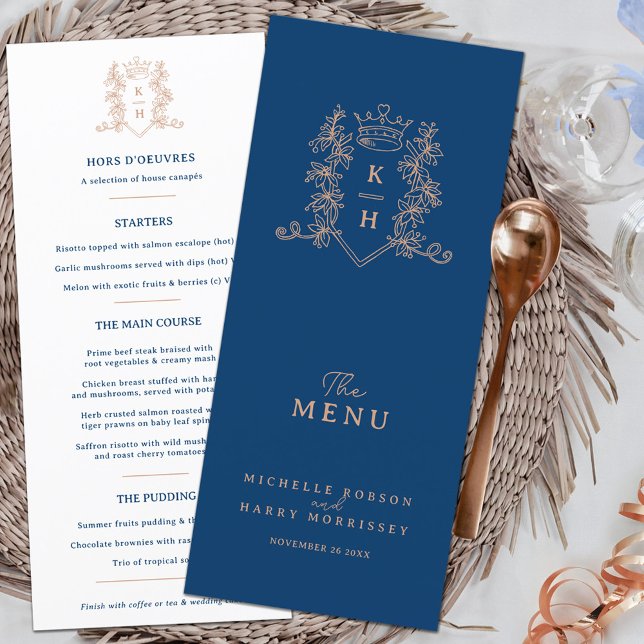 White rose gold blue crown crest monogram wedding menu (Creator Uploaded)