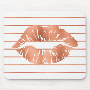 White Rose Gold Blush Copper Stripes Lips Kiss Mouse Pad
