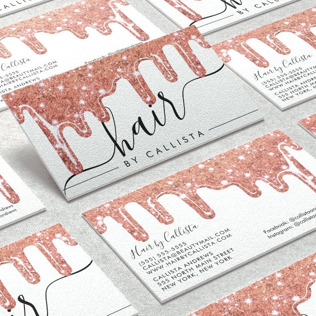 White Rose Gold Chunky Glitter Thick Drips Hair Business Card (Creator Uploaded)