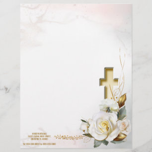 White Rose Gold Cross Floral Custom Letterhead