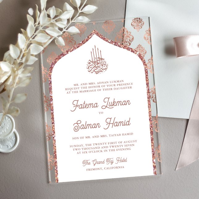 White Rose Gold Damask Arch Muslim Wedding Acrylic Invitations (Creator Uploaded)
