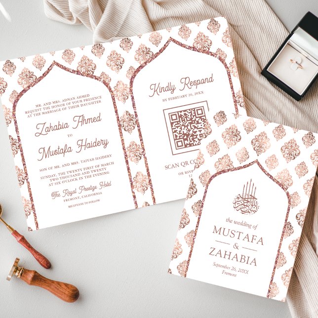 White Rose Gold Damask Arch QR Code Muslim Wedding Invitation (Creator Uploaded)