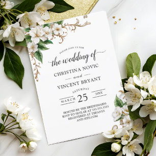 White Rose Gold Floral Greenery Elegant Wedding Invitation