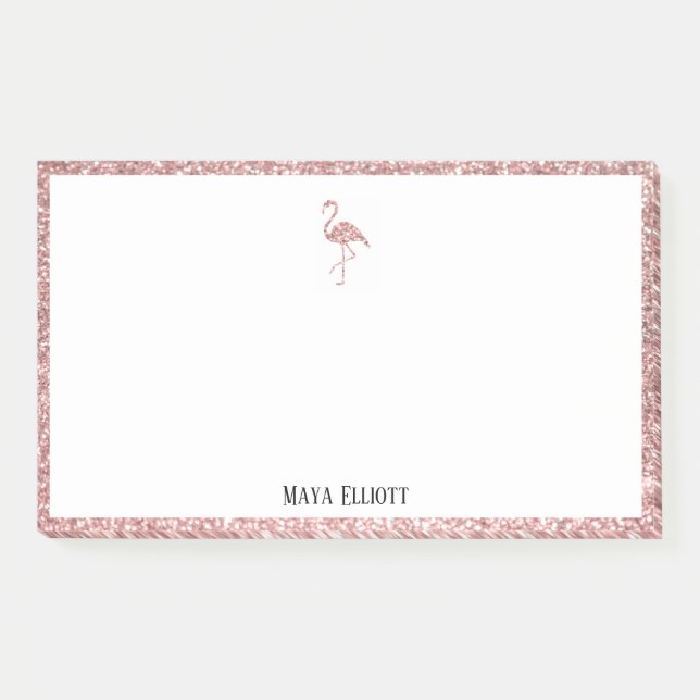 White + Rose Gold Glitter Flamingo & Border w Name Post-it Notes (Front)