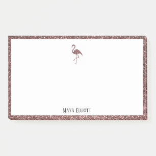 White + Rose Gold Glitter Flamingo & Border w Name Post-it Notes