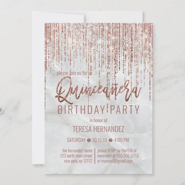 White Rose Gold Glitter Pearl Marble Quinceañera Invitation (Front)