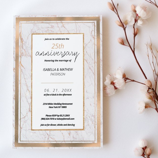 White rose gold marble 25th Wedding Anniversary  Invitation (White rose gold marble 25th Wedding Anniversary )