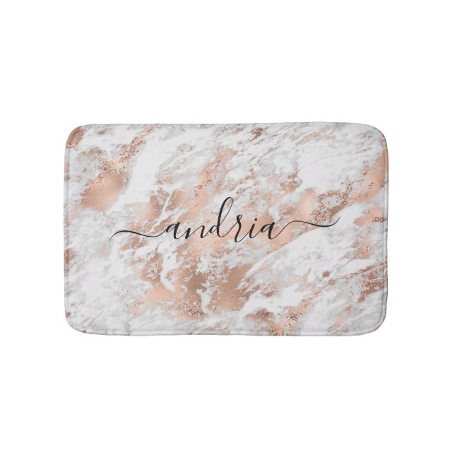 White & Rose Gold Marble 3, Glitter, Script Name Bath Mat (Front)