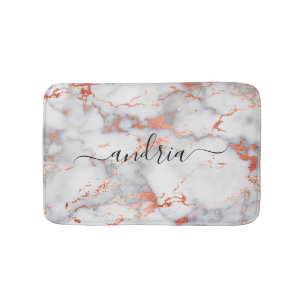 White & Rose Gold Marble 7, Glitter, Black Script Bath Mat