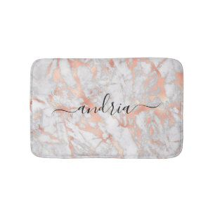 White & Rose Gold Marble, Black Script Name Bath Mat