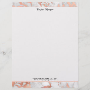 White & Rose Gold Marble Border, Black Name/Info Custom Letterhead
