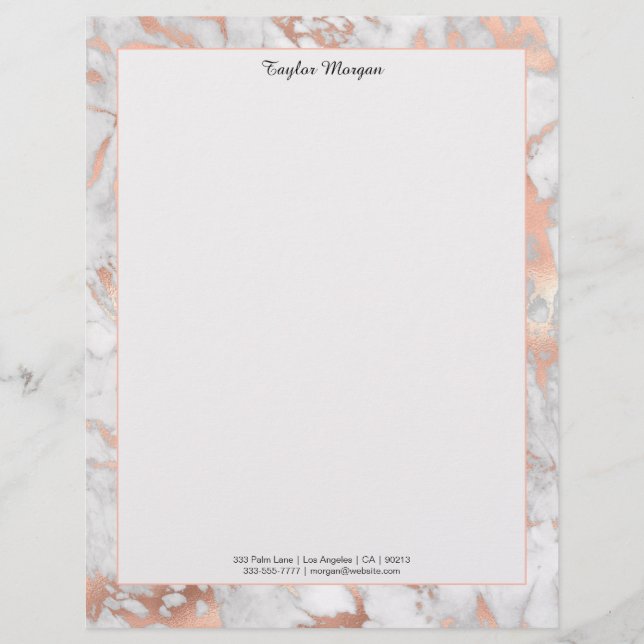 White & Rose Gold Marble Border, Black Name/Info Custom Letterhead (Front)