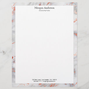 White & Rose Gold Marble Border, Black Name Info Custom Letterhead