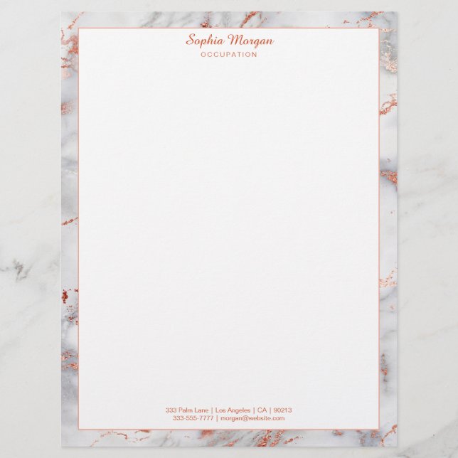 White & Rose Gold Marble Border, Name Info Custom Letterhead (Front)