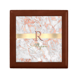 White & Rose Gold Marble, Gold Bar Name & Monogram Gift Box