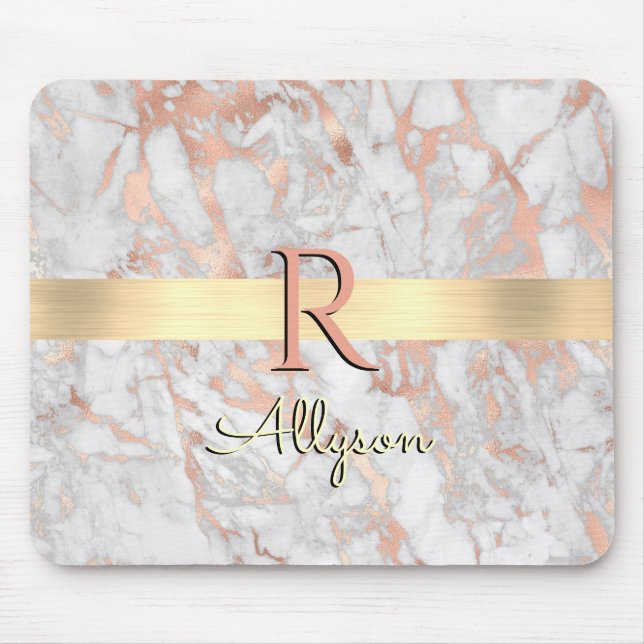 White & Rose Gold Marble, Gold Bar Name & Monogram Mouse Pad (Front)