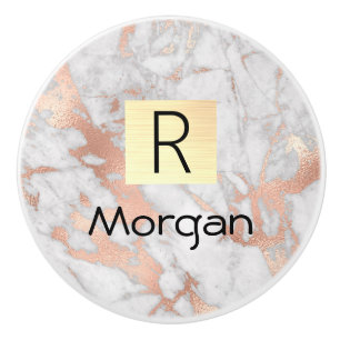 White & Rose Gold Marble Gold Box, Name & Monogram Ceramic Knob