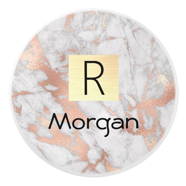 White & Rose Gold Marble Gold Box, Name & Monogram Ceramic Knob (Front)