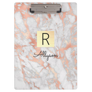 White & Rose Gold Marble Gold Box, Name & Monogram Clipboard