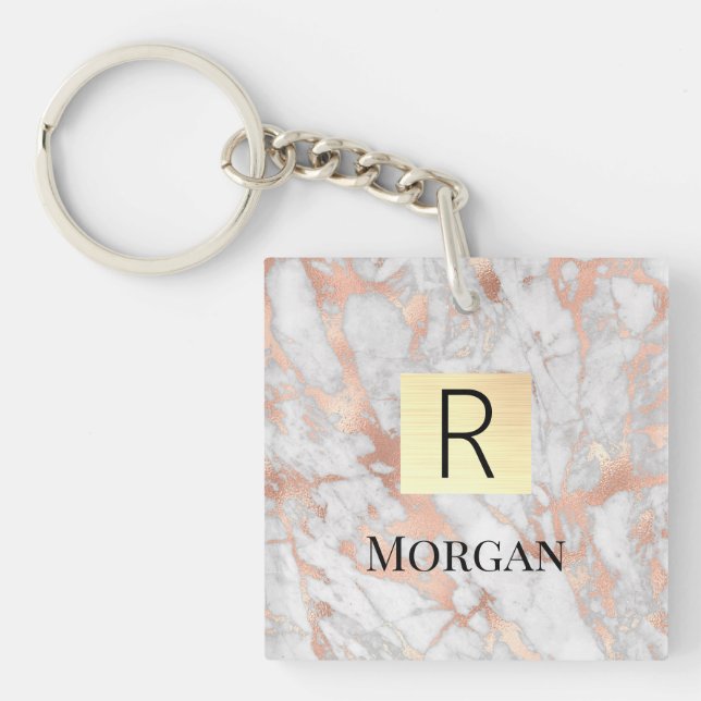 White & Rose Gold Marble Gold Box, Name & Monogram Key Ring (Front)