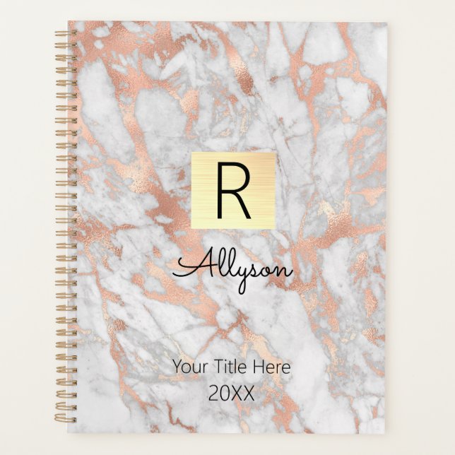White & Rose Gold Marble Gold Box, Name & Monogram Planner (Front)